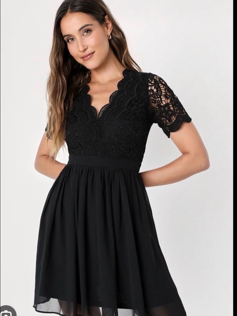 Black Lace Bodice Short Sleeve A-Line Dress